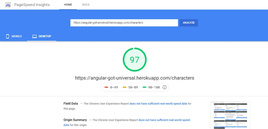 PageSpeed Insights Result